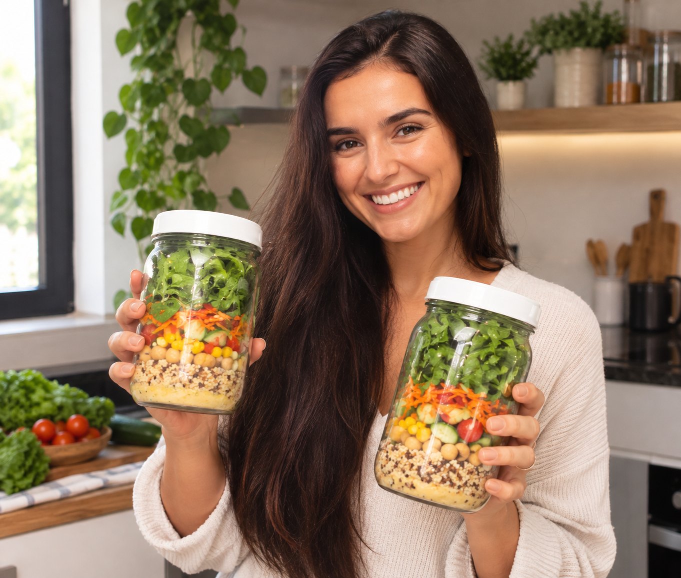Iara Paixão segurando dois potes de salada